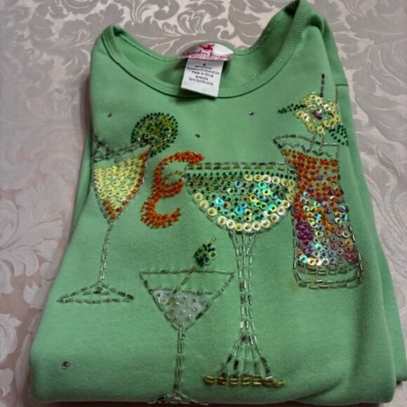 Quaker Factory Beaded/Sequin Cocktail Time Cotton Pull Over Tee - Size Small - Picture 1 of 9